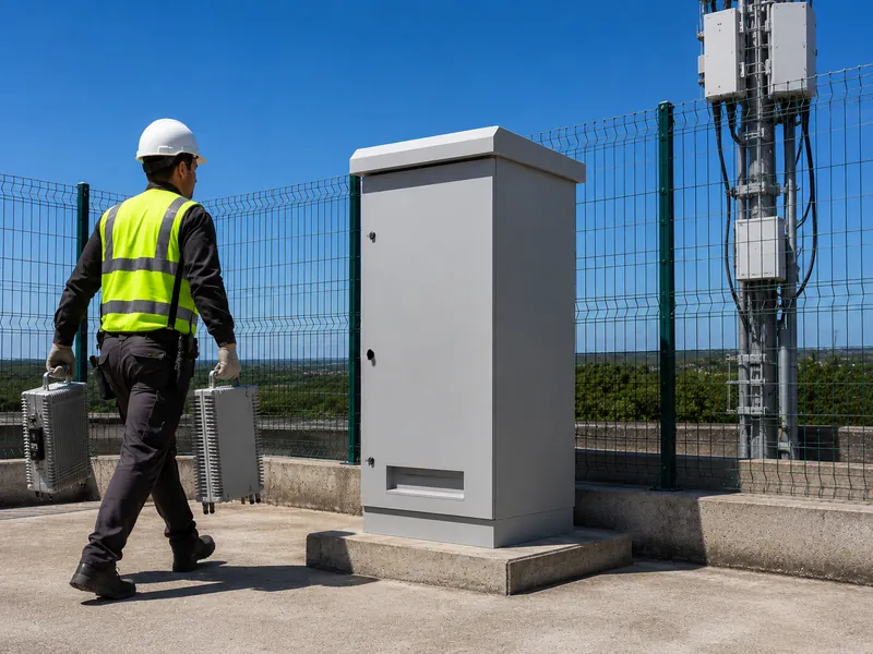 Técnico em campo ao lado de Rack Outdoor de Piso Racktron instalado sobre base de concreto, com proteção IP65